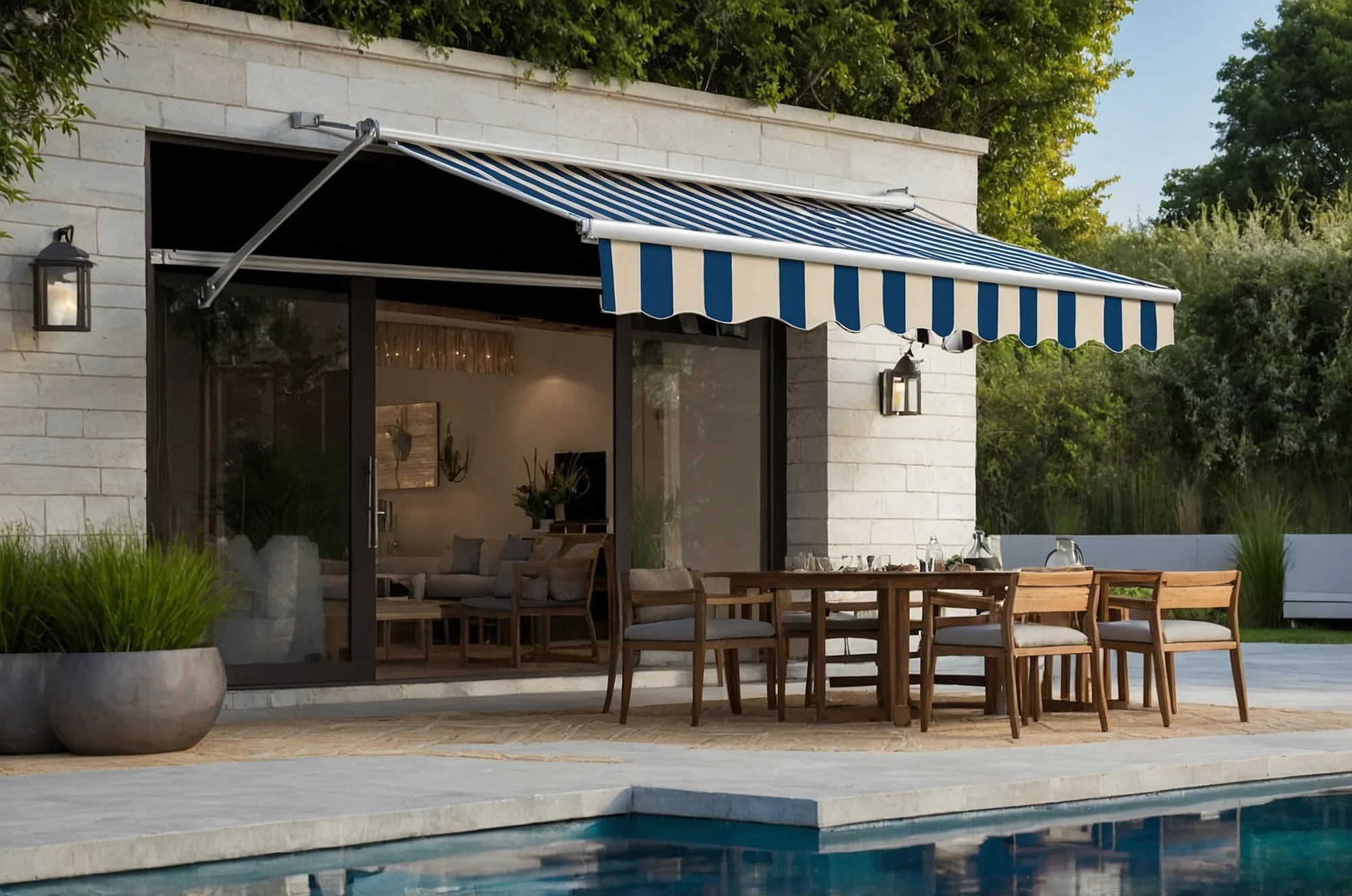 Installateur Store Banne Raye Bleu Terrasse Maison